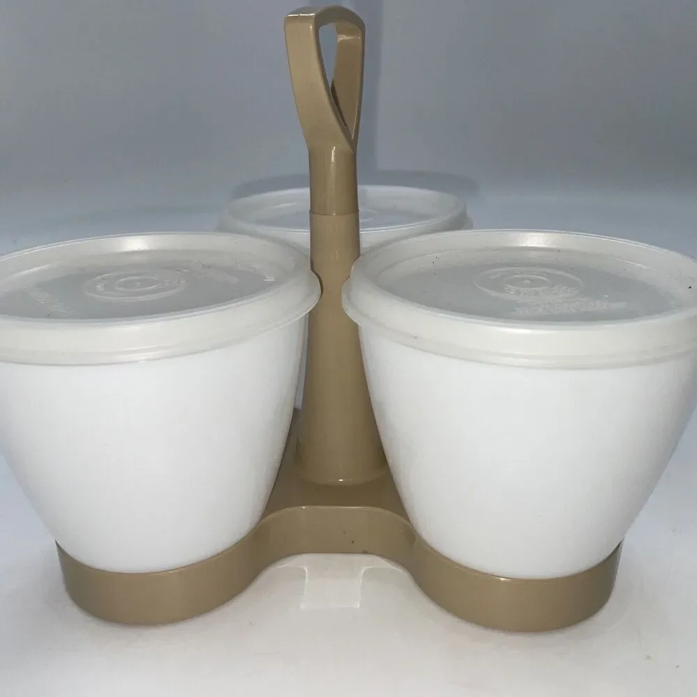 Tupperware Condiment Serving Caddy #757- 4 Taupe White Lids Cups Party Picnic
